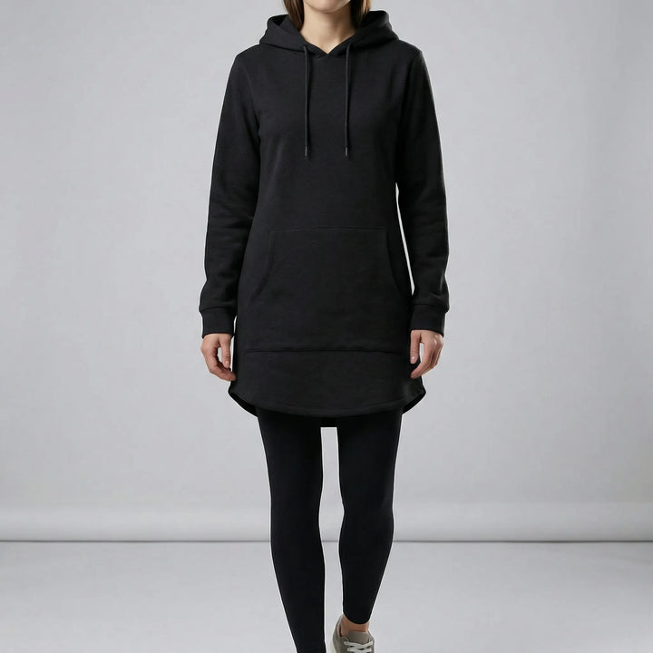 Women's hooded tunic sweatshirt with kangaroo pocket and curved hem