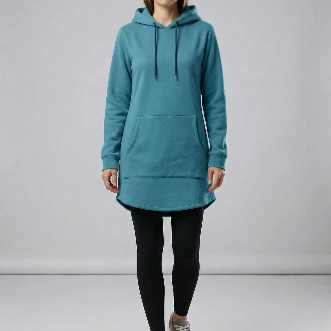 Women's hooded tunic sweatshirt with kangaroo pocket and curved hem