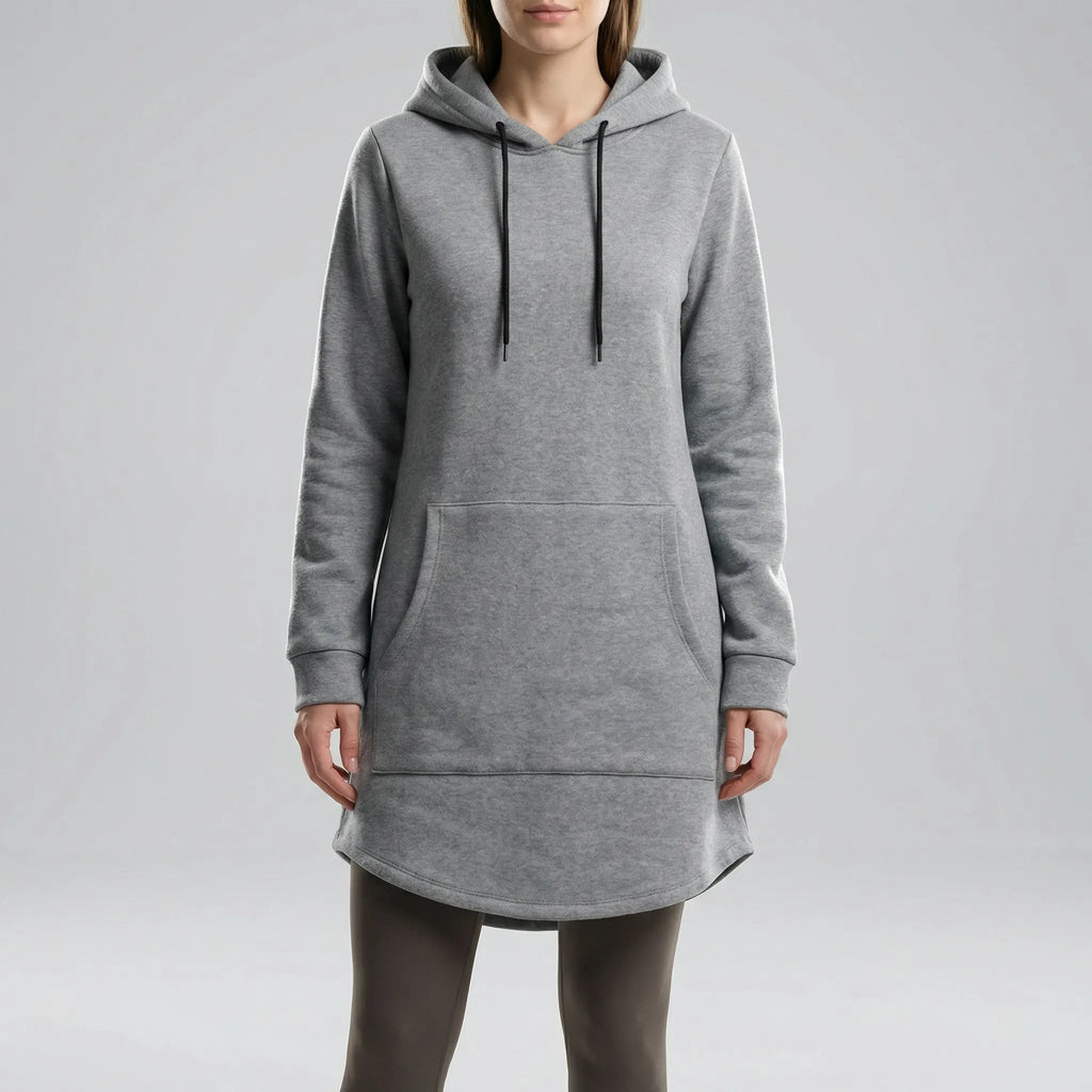 Women's hooded tunic sweatshirt with kangaroo pocket and curved hem