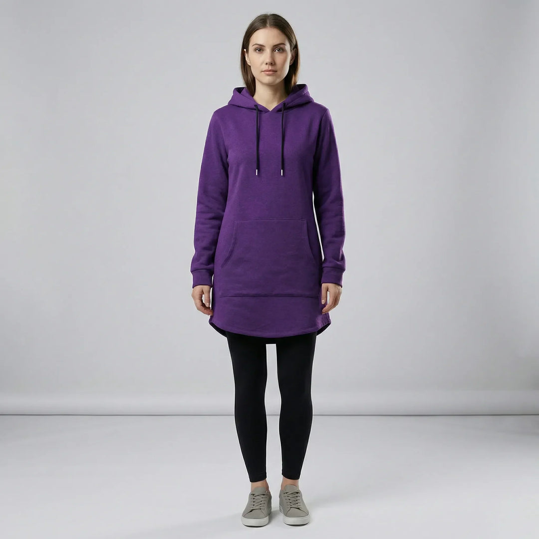 Women's hooded tunic sweatshirt with kangaroo pocket and curved hem