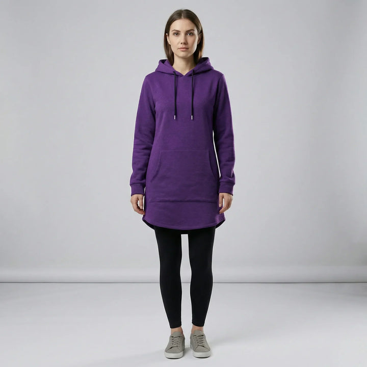 Women's hooded tunic sweatshirt with kangaroo pocket and curved hem