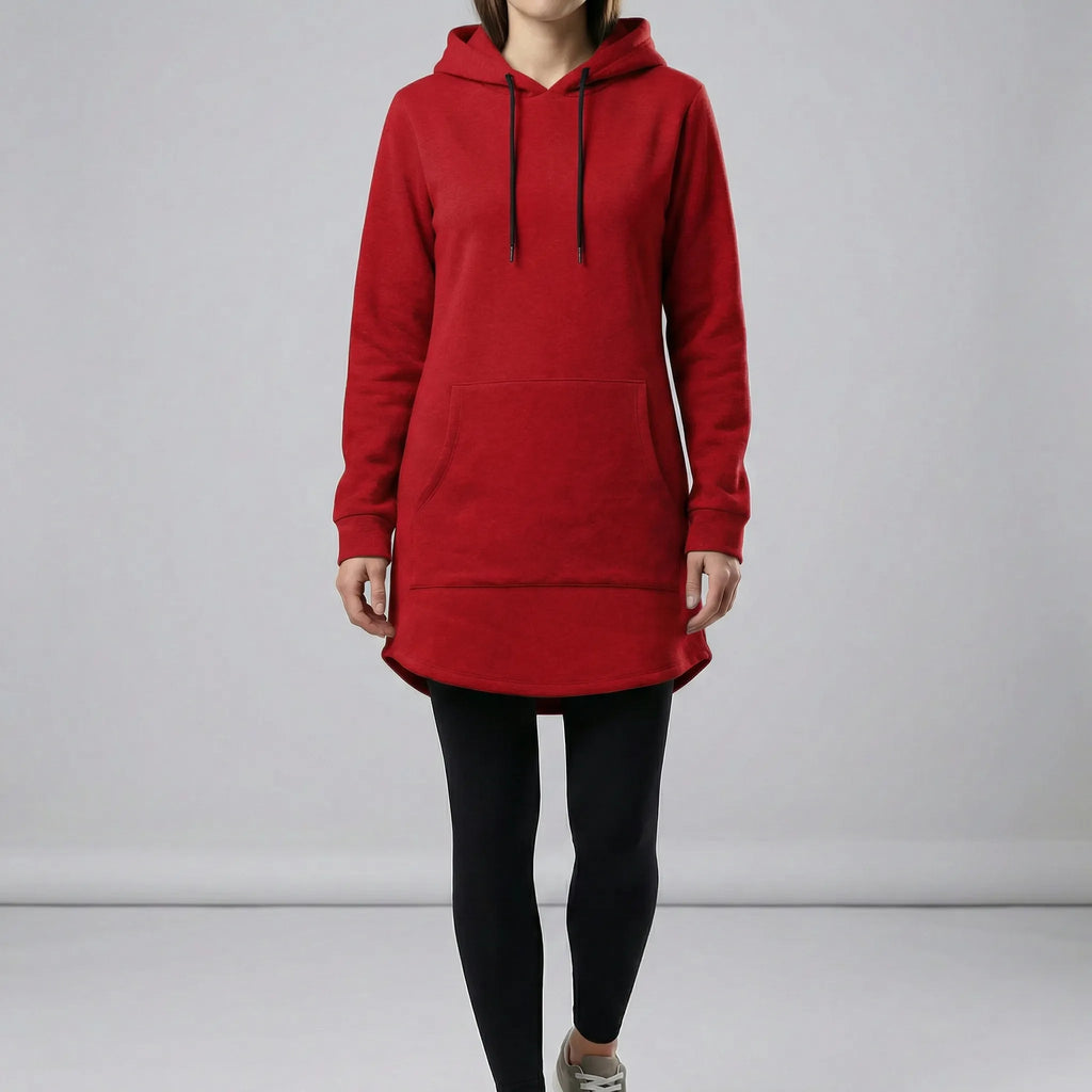 Women's hooded tunic sweatshirt with kangaroo pocket and curved hem