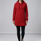 Women's hooded tunic sweatshirt with kangaroo pocket and curved hem