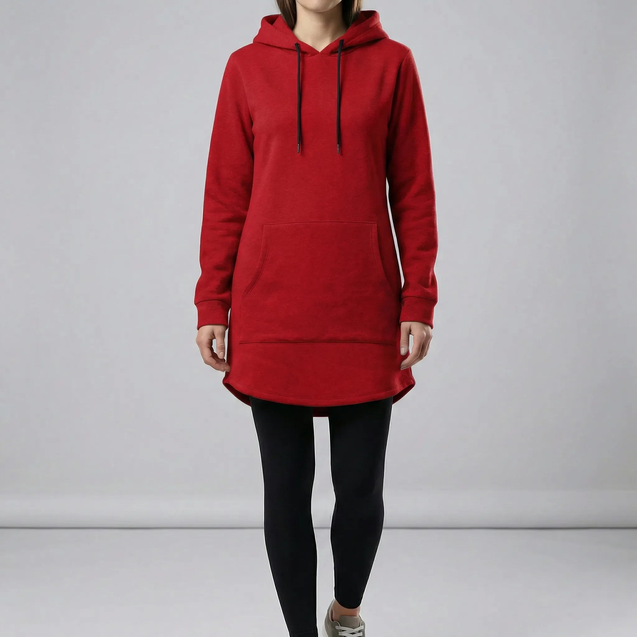Women's hooded tunic sweatshirt with kangaroo pocket and curved hem