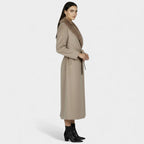 Women's long belted coat with faux fur collar and side pockets