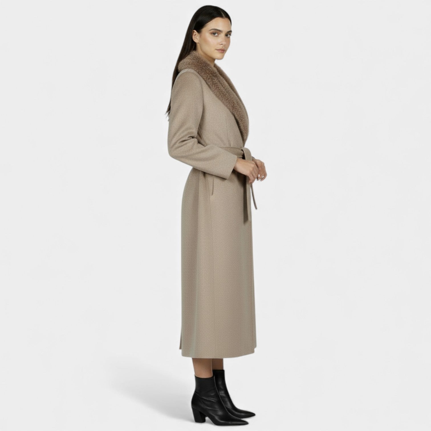 Women's long belted coat with faux fur collar and side pockets