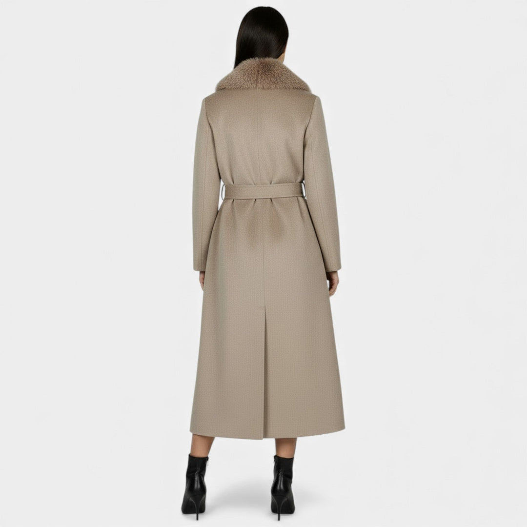 Women's long belted coat with faux fur collar and side pockets
