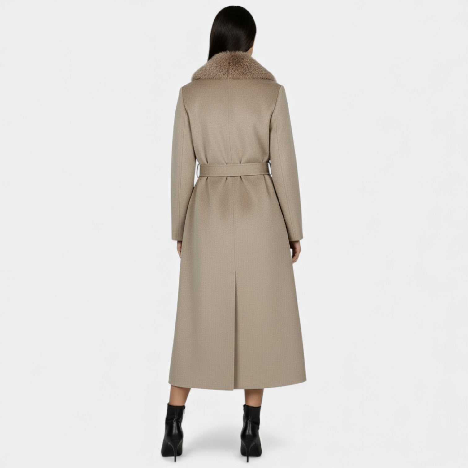 Women's long belted coat with faux fur collar and side pockets
