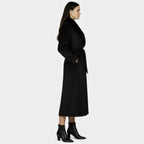 Women's long belted coat with faux fur collar and side pockets