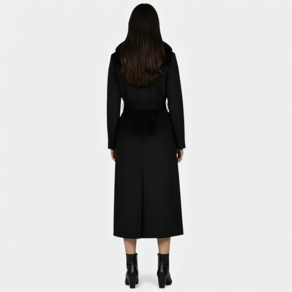 Women's long belted coat with faux fur collar and side pockets
