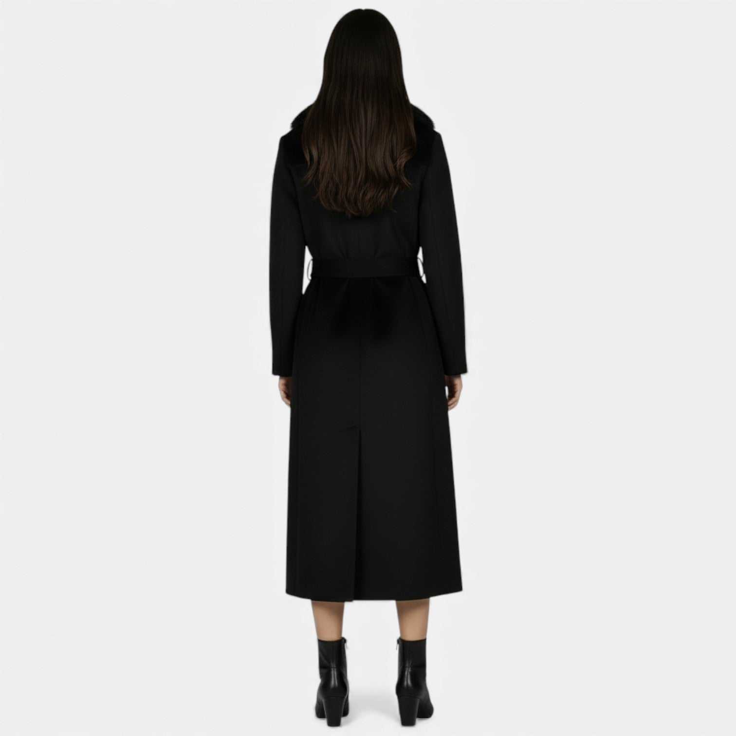 Women's long belted coat with faux fur collar and side pockets