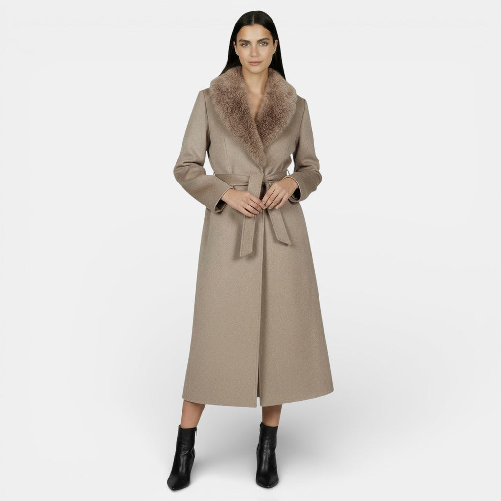 Women's long belted coat with faux fur collar and side pockets