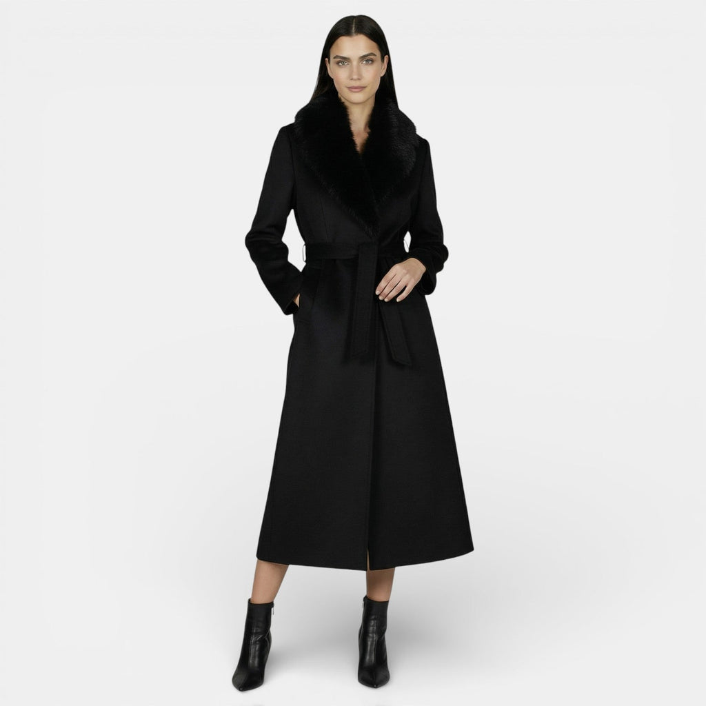 Women's long belted coat with faux fur collar and side pockets