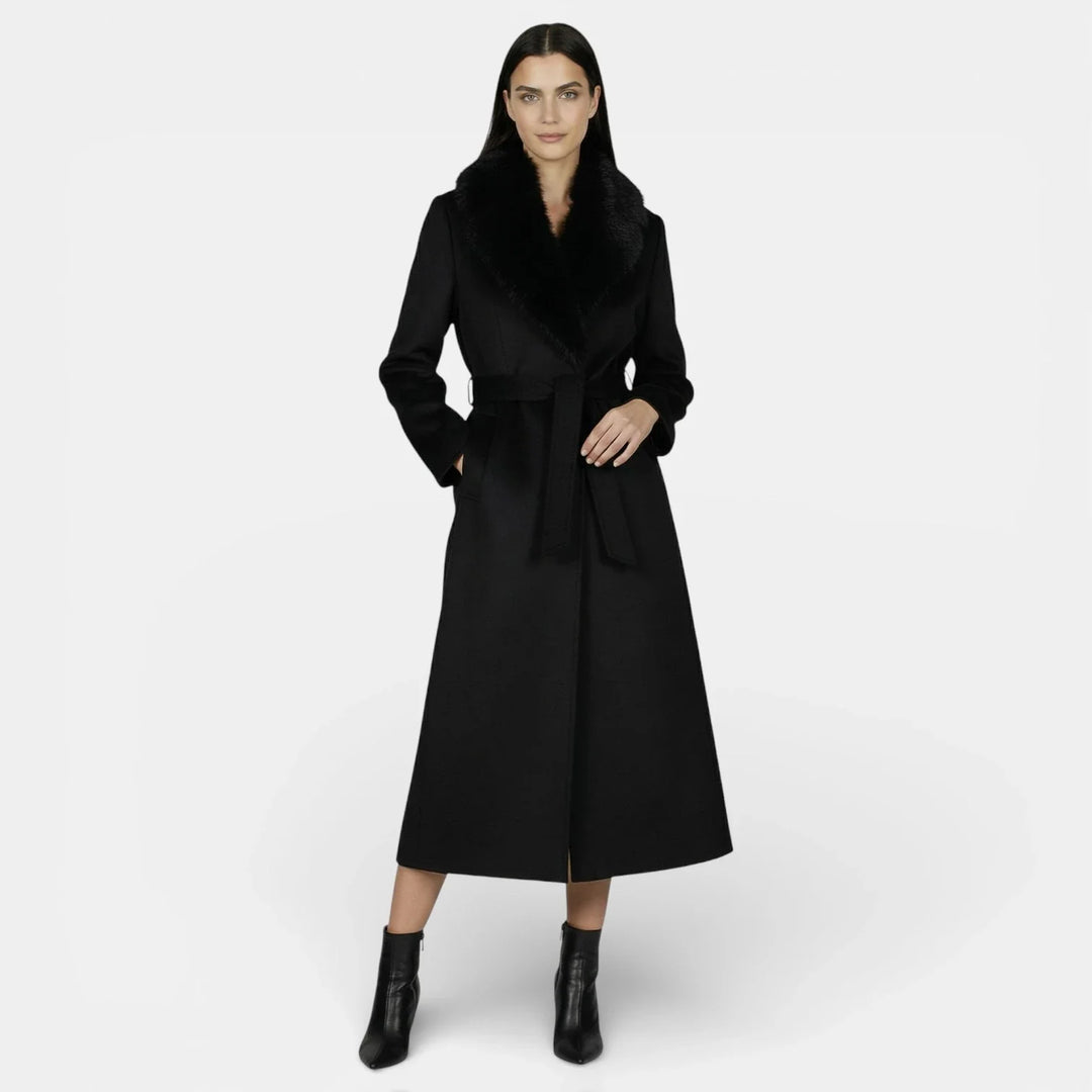 Women's long belted coat with faux fur collar and side pockets
