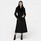 Women's long belted coat with faux fur collar and side pockets