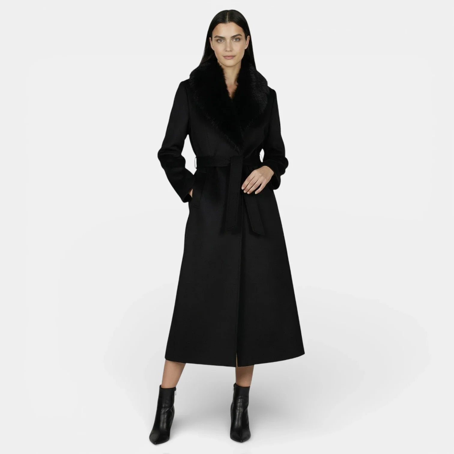 Women's long belted coat with faux fur collar and side pockets