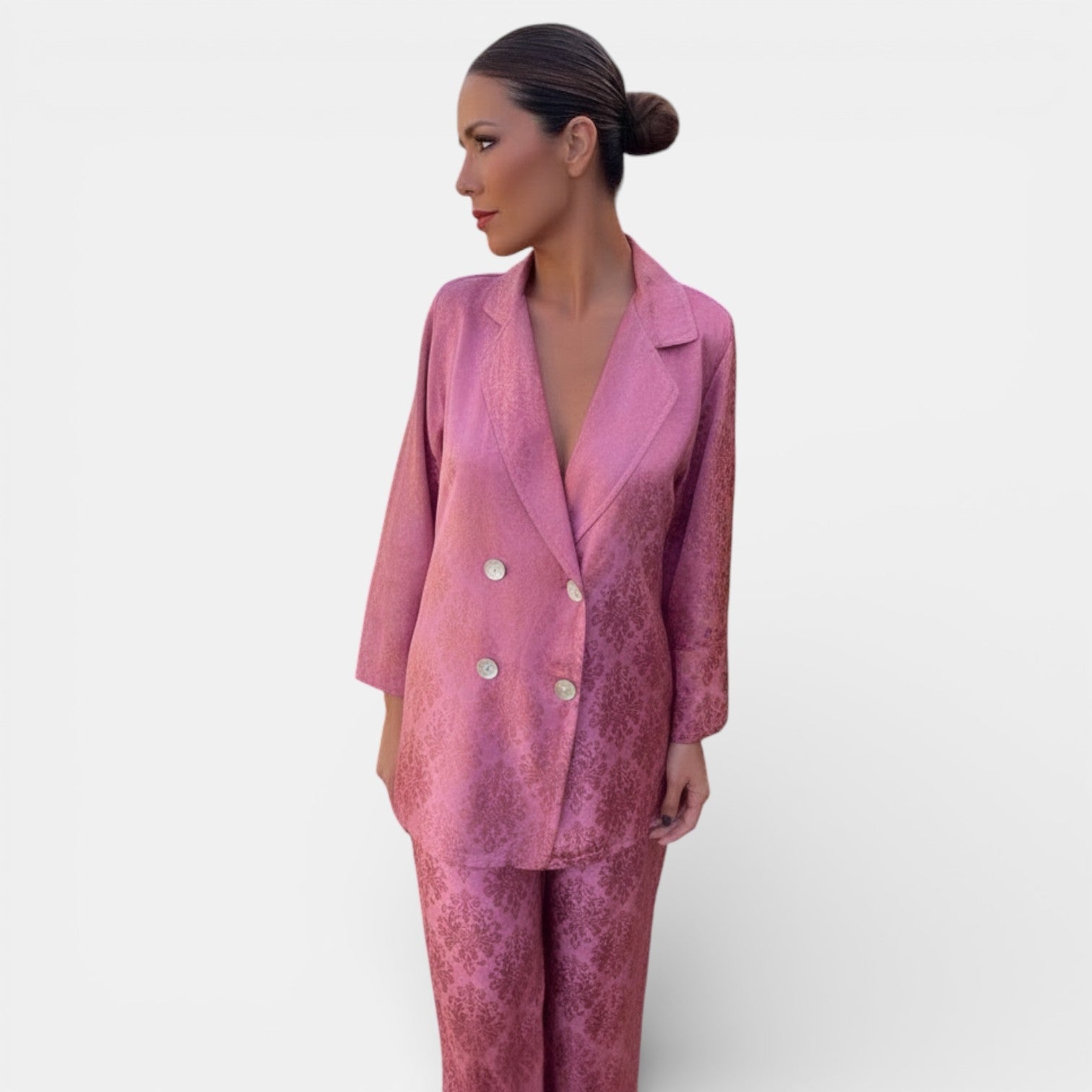 Women's patterned blazer and wide-leg trouser suit set