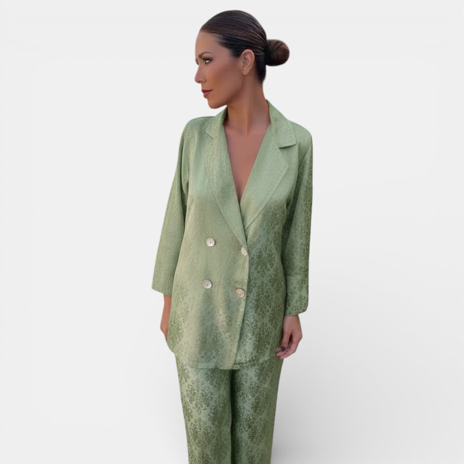 Women's patterned blazer and wide-leg trouser suit set