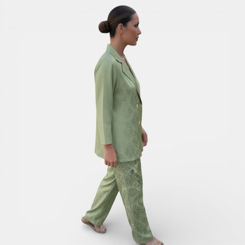 Women's patterned blazer and wide-leg trouser suit set