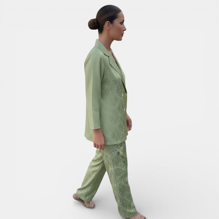 Women's patterned blazer and wide-leg trouser suit set