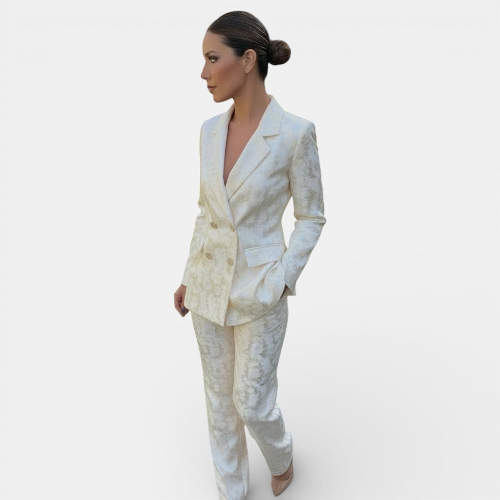 Women's patterned blazer and wide-leg trouser suit set