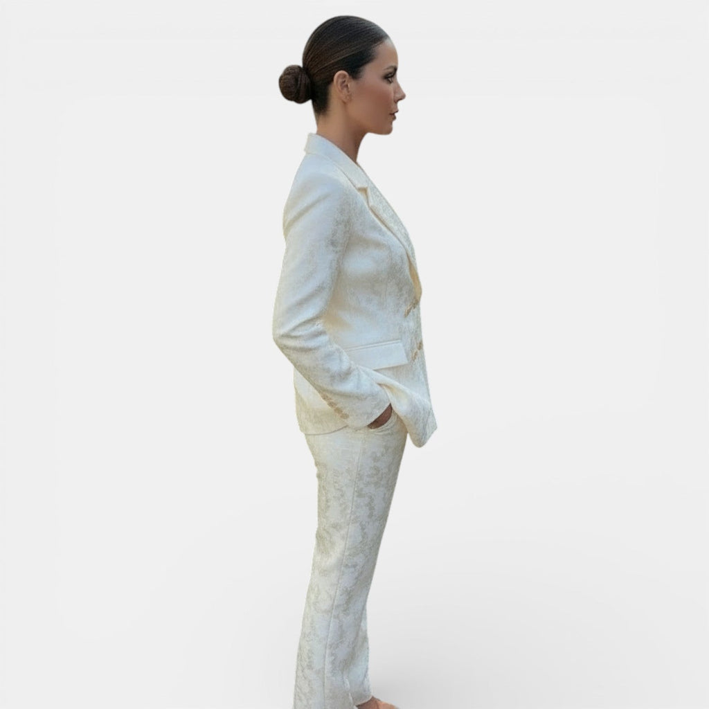 Women's patterned blazer and wide-leg trouser suit set