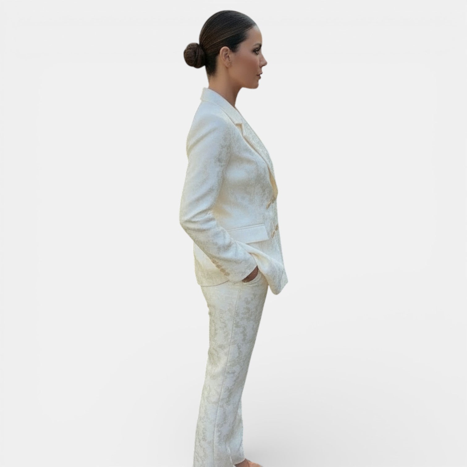 Women's patterned blazer and wide-leg trouser suit set