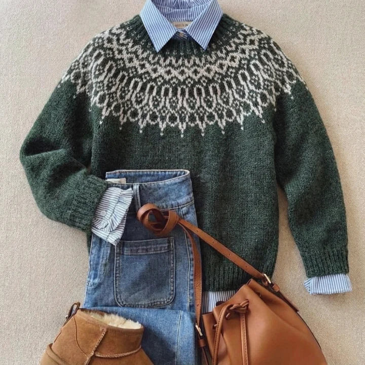 Women's green Fair Isle knit sweater with crew neck and patterned yoke
