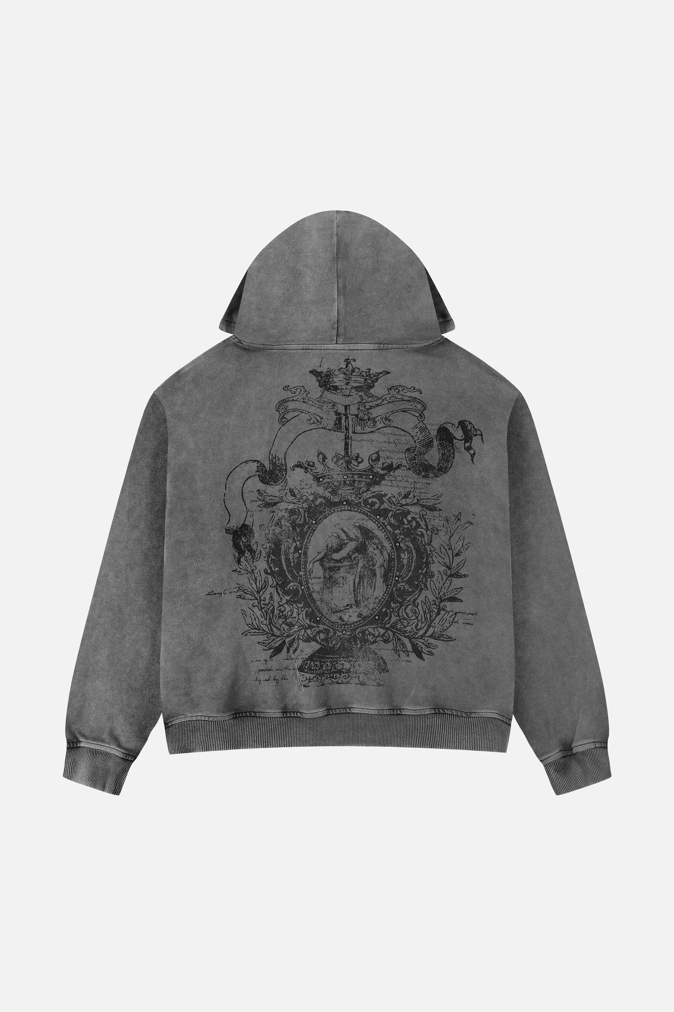 Men's grey graphic hoodie with hood and dark crest-inspired front print