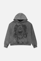 Men's grey graphic hoodie with hood and dark crest-inspired front print