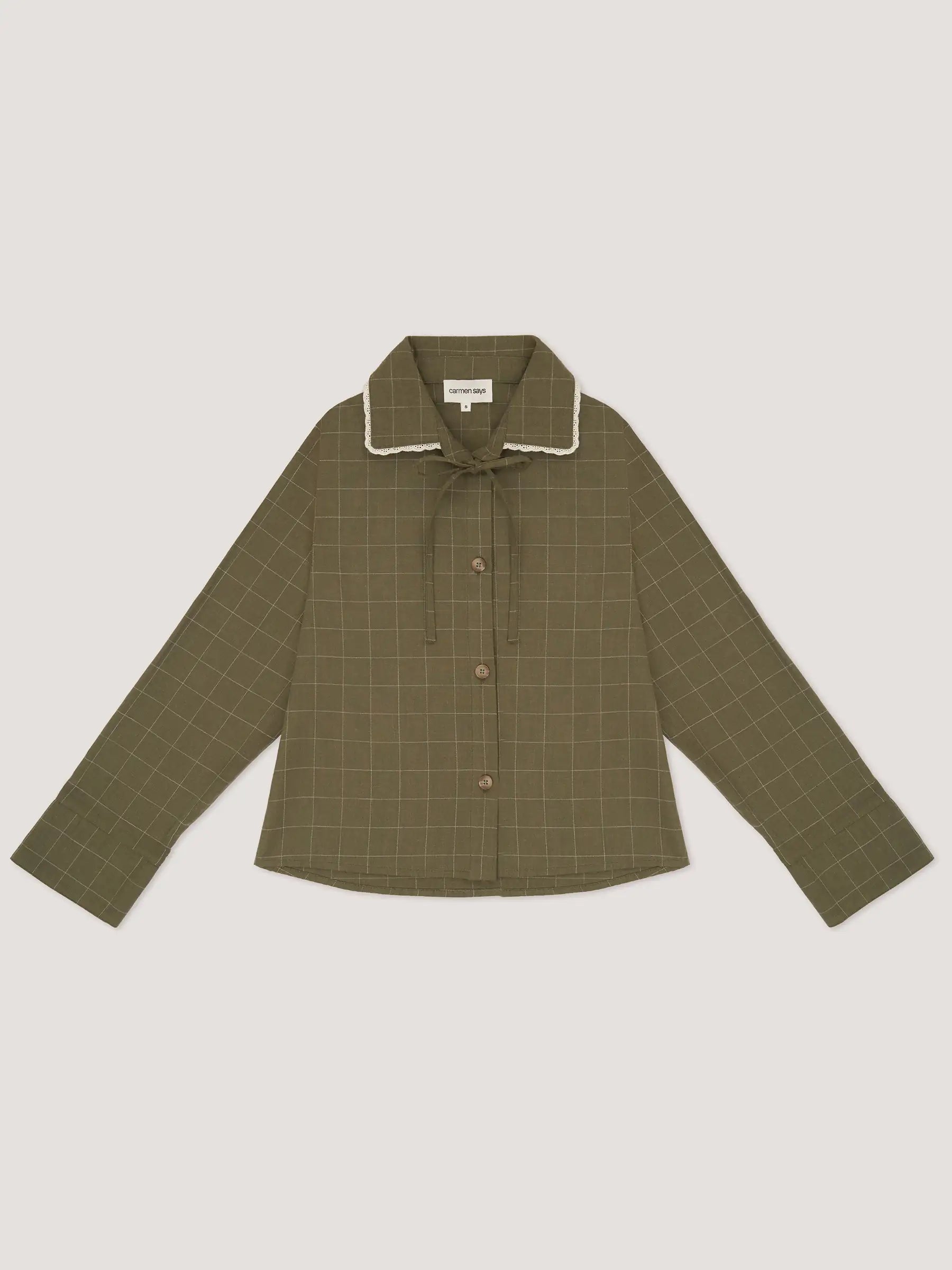 Women's green checked shirt with contrast collar and long sleeves