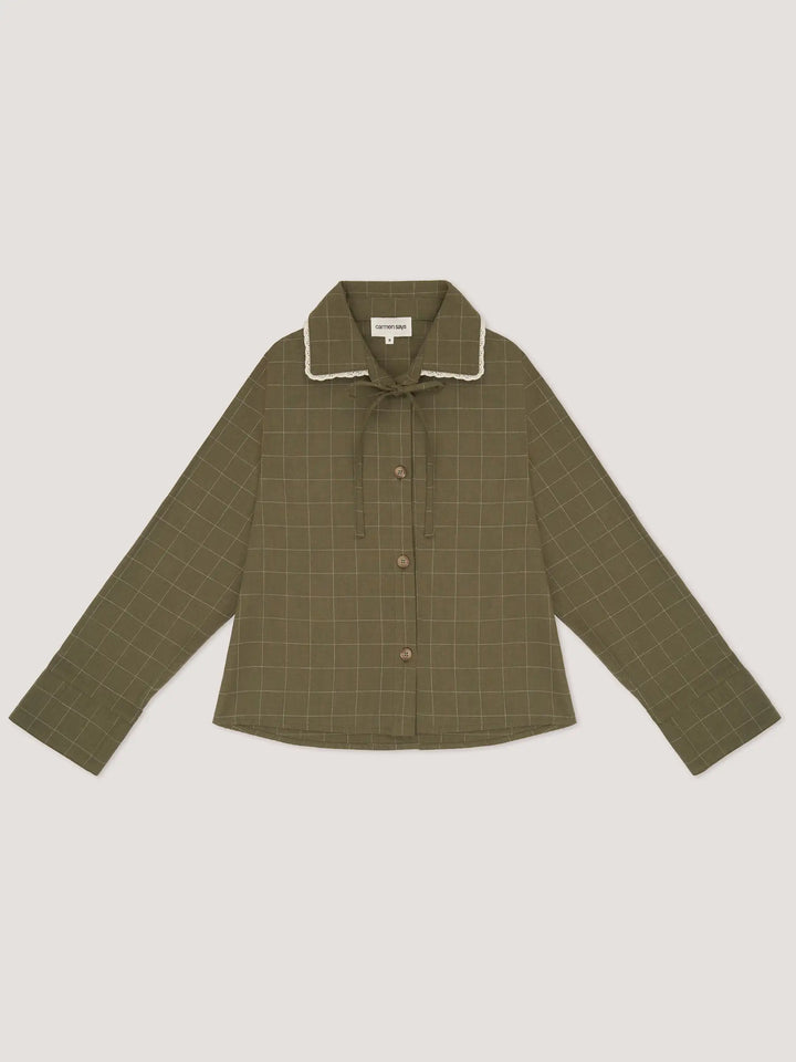 Women's green checked shirt with contrast collar and long sleeves
