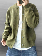 Men's relaxed crew-neck cardigan with button front, long sleeves and two front pockets