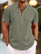Men's short-sleeve textured Henley shirt with stand collar