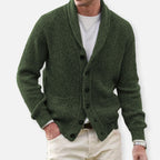 Men's ribbed knit cardigan with shawl collar and button front