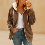 Women's hooded sherpa fleece hoodie with front zip and pockets