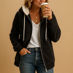 Women's hooded sherpa fleece hoodie with front zip and pockets