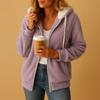 Women's hooded sherpa fleece hoodie with front zip and pockets