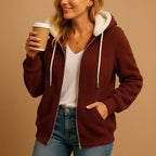 Women's hooded sherpa fleece hoodie with front zip and pockets