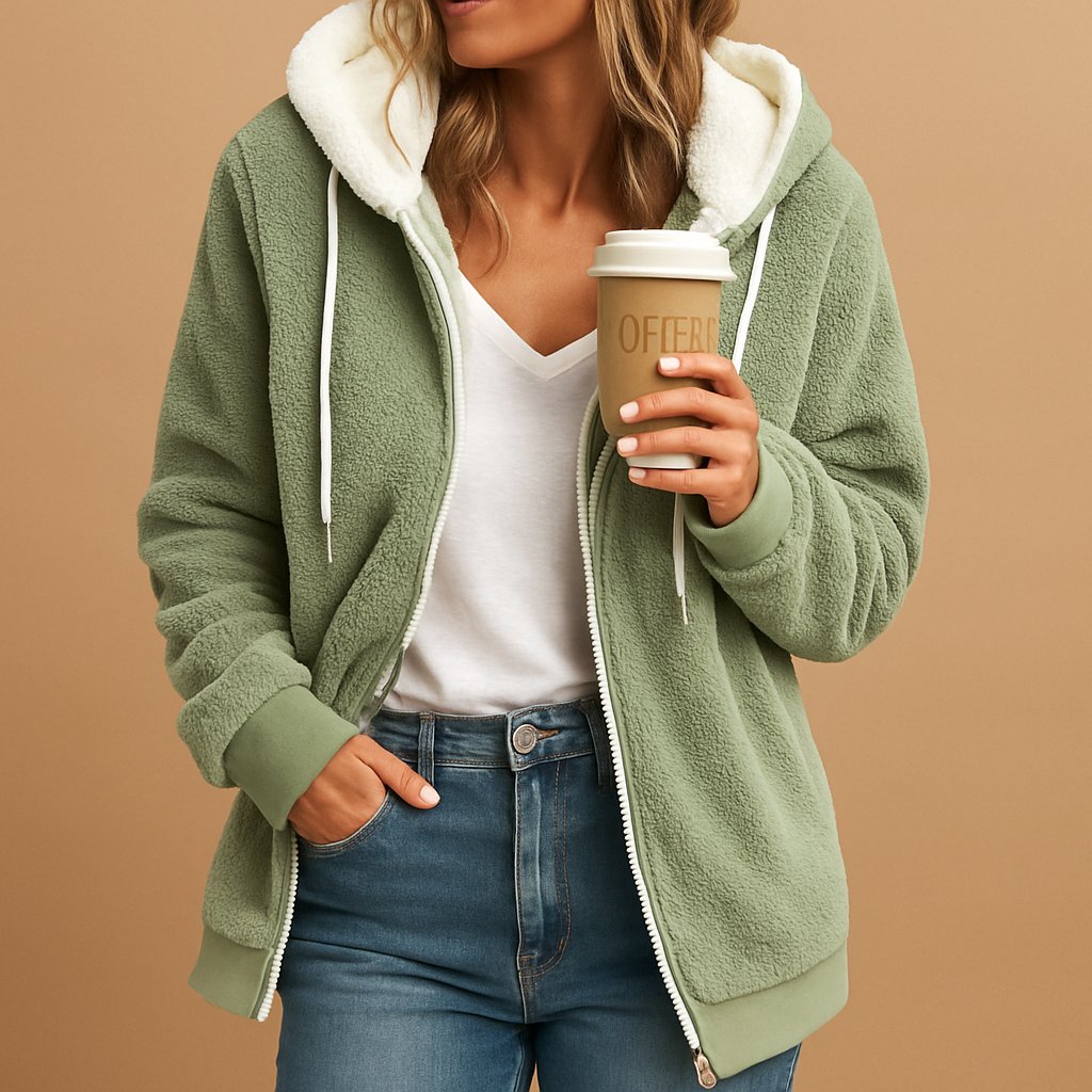 Women's hooded sherpa fleece hoodie with front zip and pockets