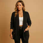 Women's long ribbed open front cardigan with V-neck and patch pockets