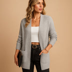 Women's long ribbed open front cardigan with V-neck and patch pockets
