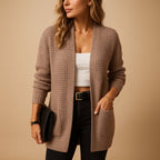Women's long ribbed open front cardigan with V-neck and patch pockets