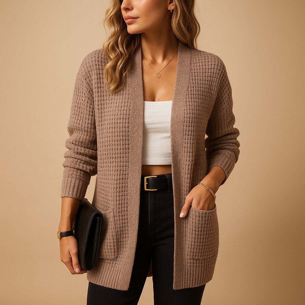 Women's long ribbed open front cardigan with V-neck and patch pockets