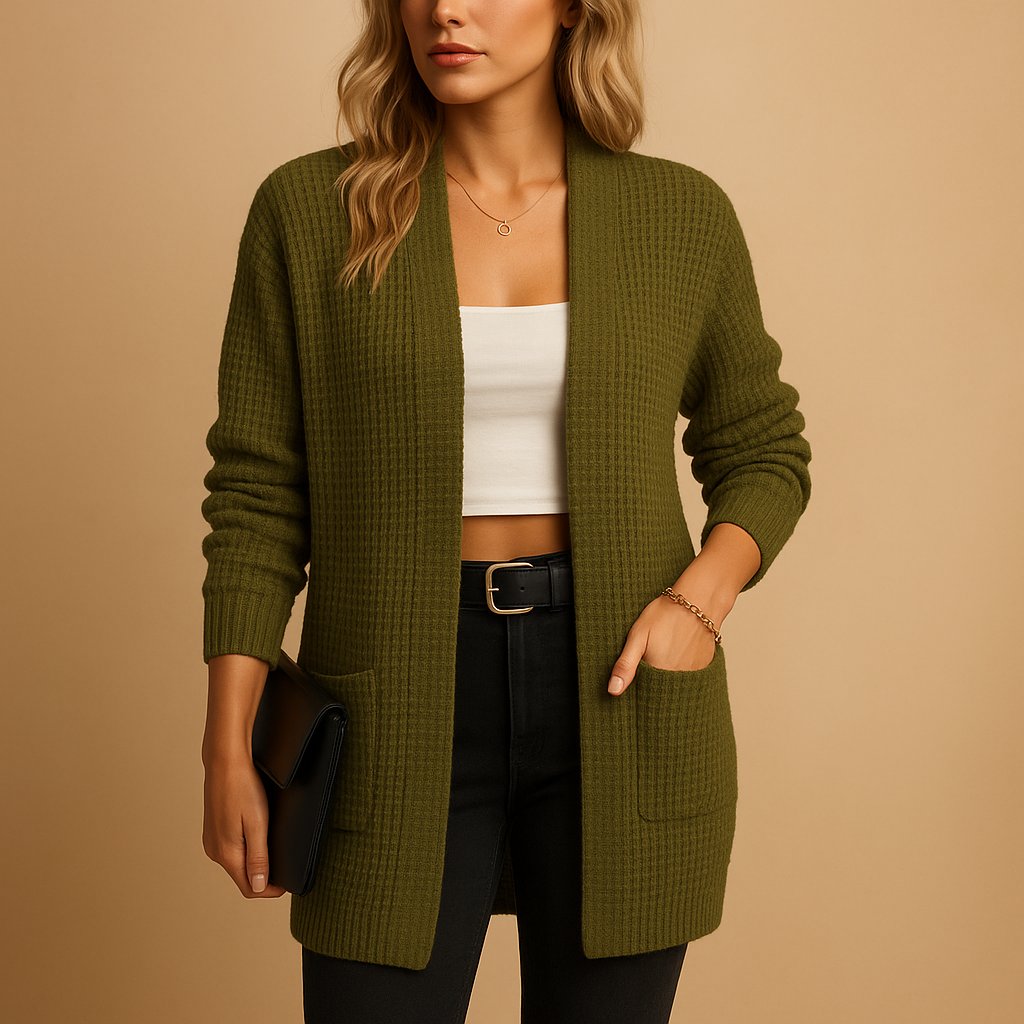 Women's long ribbed open front cardigan with V-neck and patch pockets