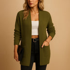 Women's long ribbed open front cardigan with V-neck and patch pockets