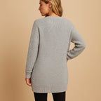 Women's long ribbed open front cardigan with V-neck and patch pockets