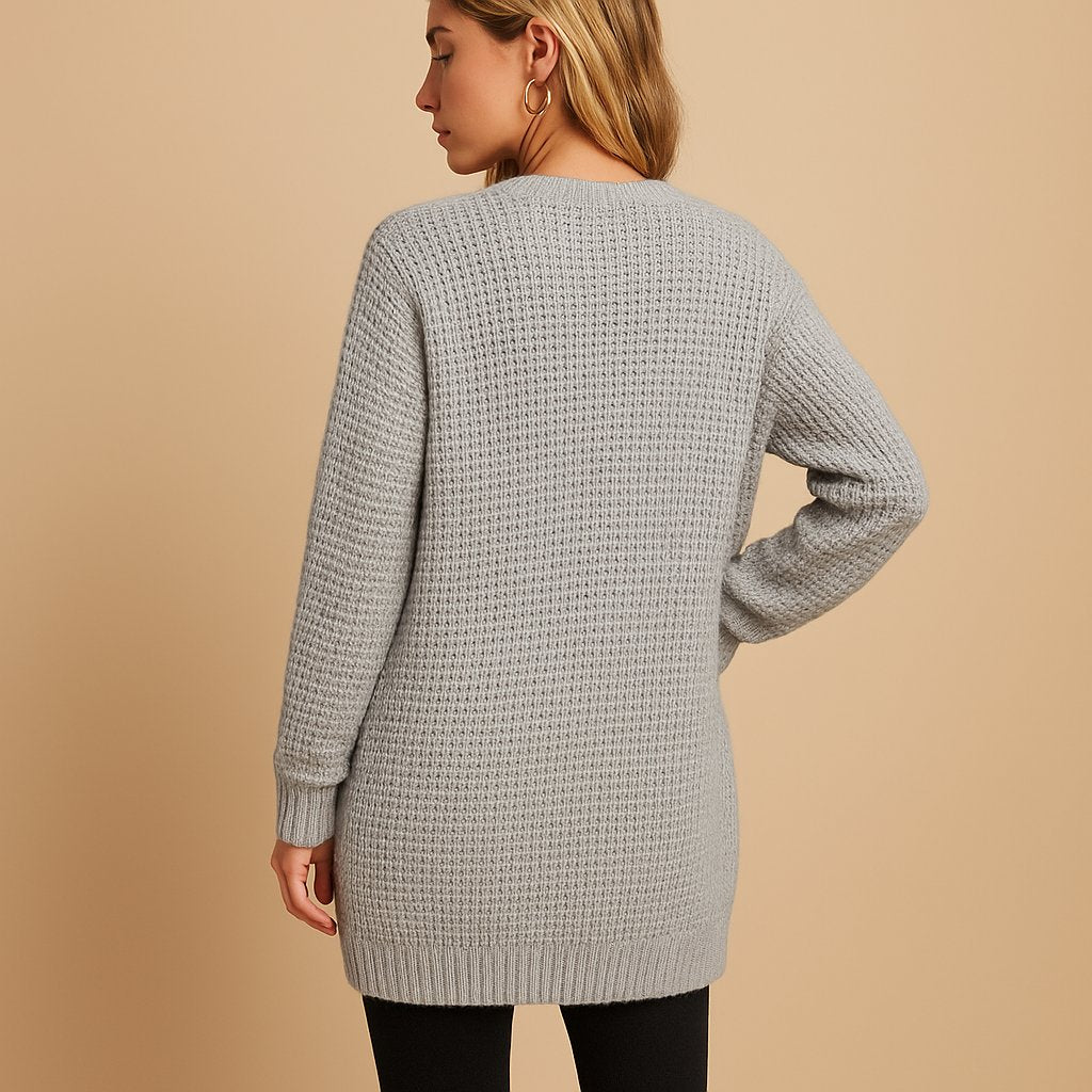 Women's long ribbed open front cardigan with V-neck and patch pockets