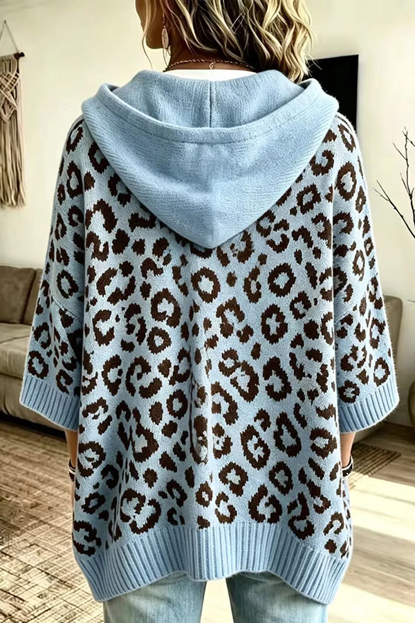 Women's leopard print hooded sweater with three-quarter sleeves