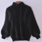 Women's fluffy turtleneck sweater with long sleeves and ribbed trims